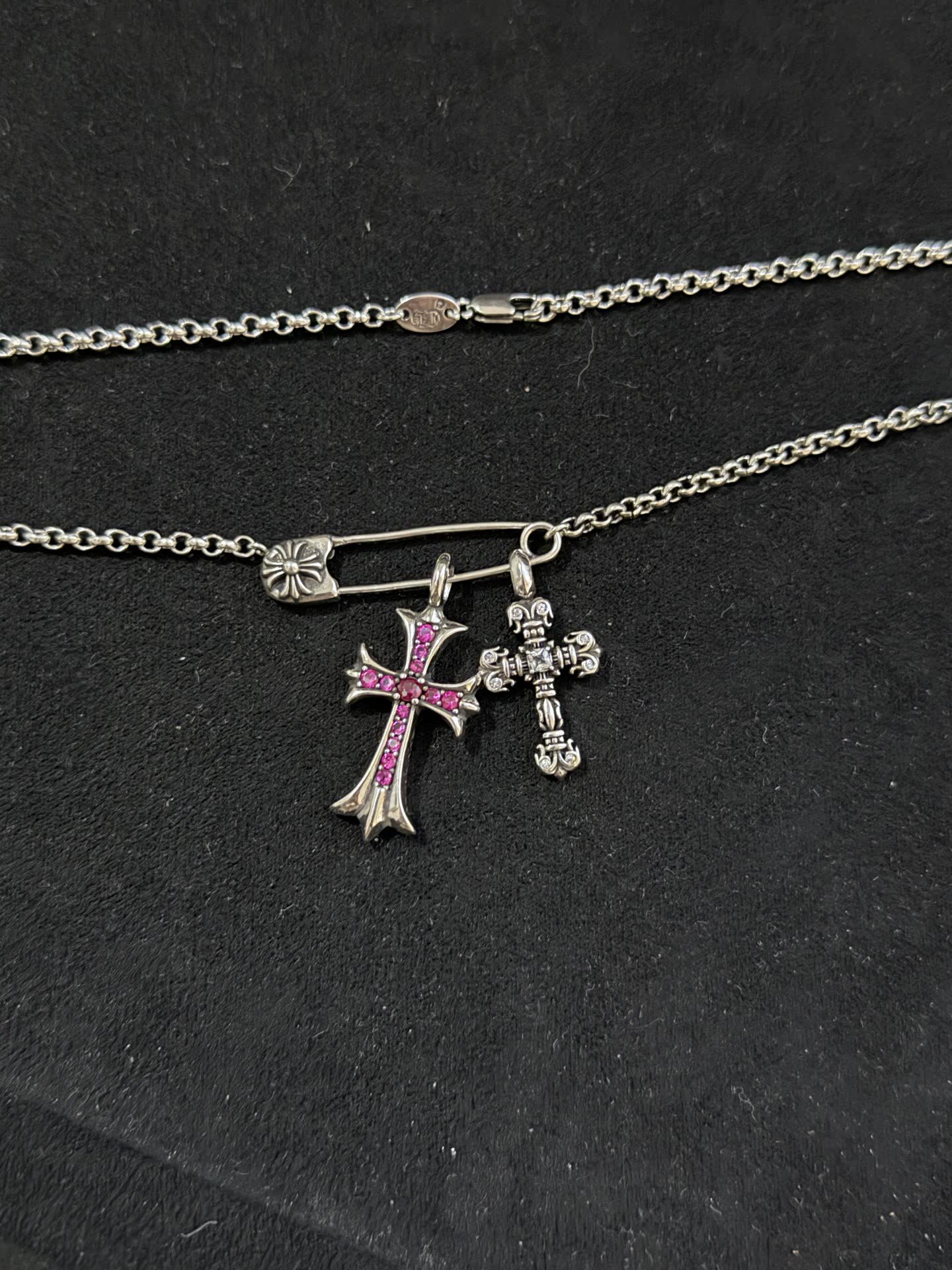 Chrome Hearts Silver Cross Pendant with Pink Stones